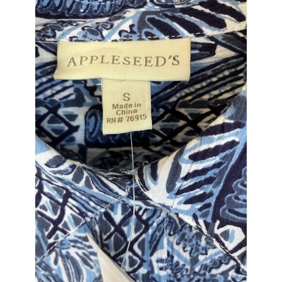 Appleseeds Women’s SM Blue Crinkled Cotton Geometric Print Button Down Shirt NWT - Picture 3 of 12